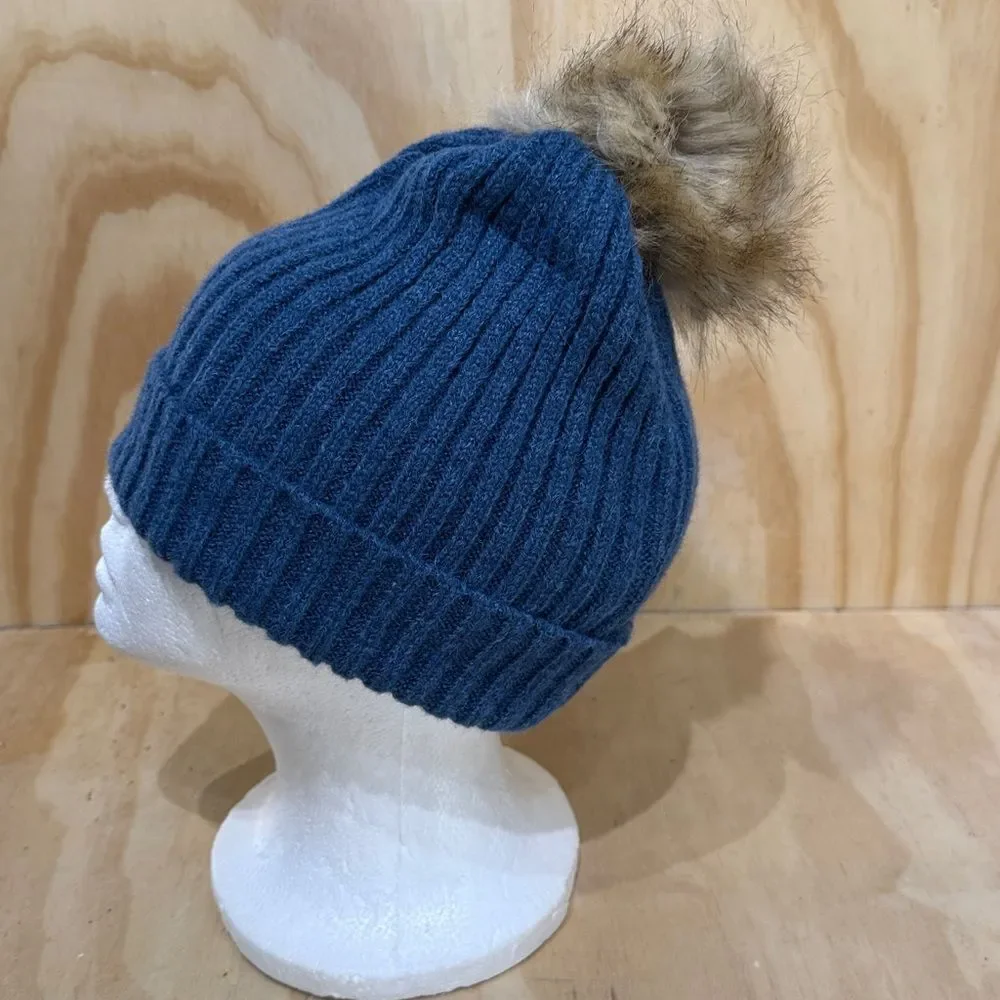 UGG Light Blue Knit Hat with Faux Fur Pom